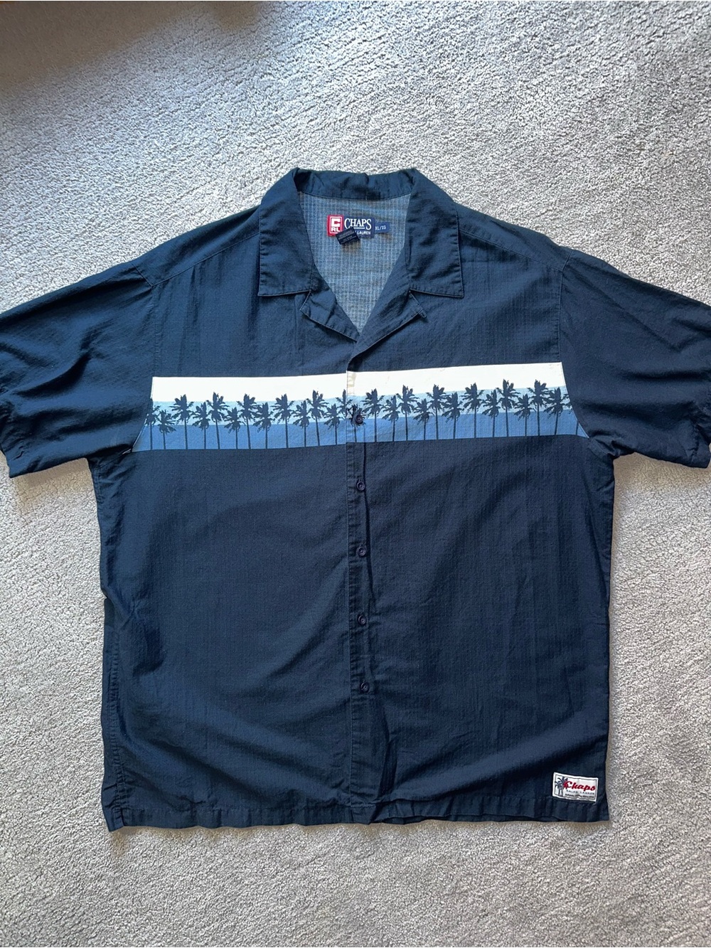 VTG Chaps Ralph Lauren Men’s Navy Short Sleeve Palm-Stripe Camp Shirt